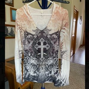 Small Western Stone Cross Hooded Long Sleeve